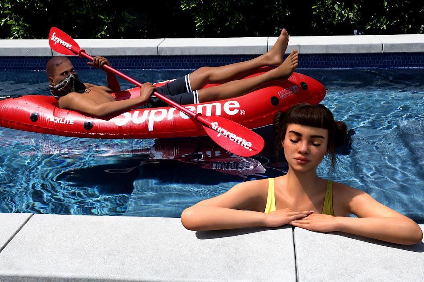 Lil Miquela in a Supreme swimming pool, featured in a gestalten article