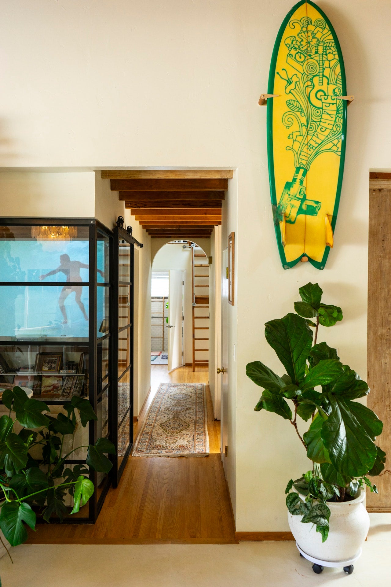 Yellow surfboard with green design hanging on a wall next to a plant and glass display case.