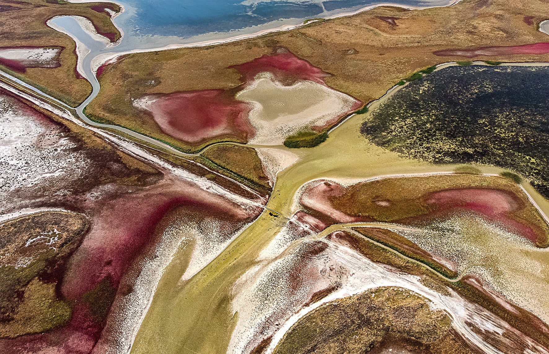 Aerial view of a colorful landscape with pink and green hues.