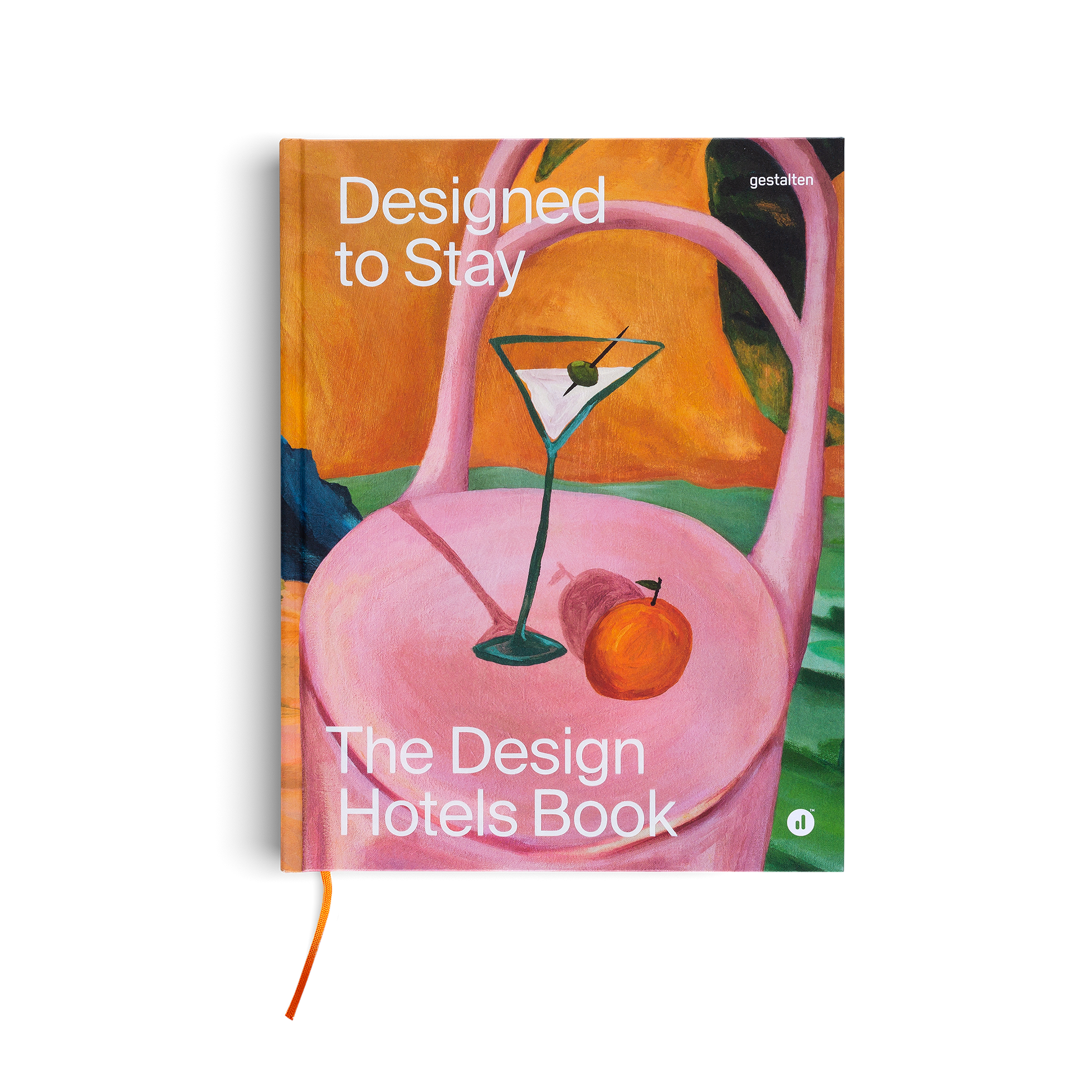 Book cover of 'Designed to Stay: The Design Hotels Book' with a pink chair and cocktail illustration.