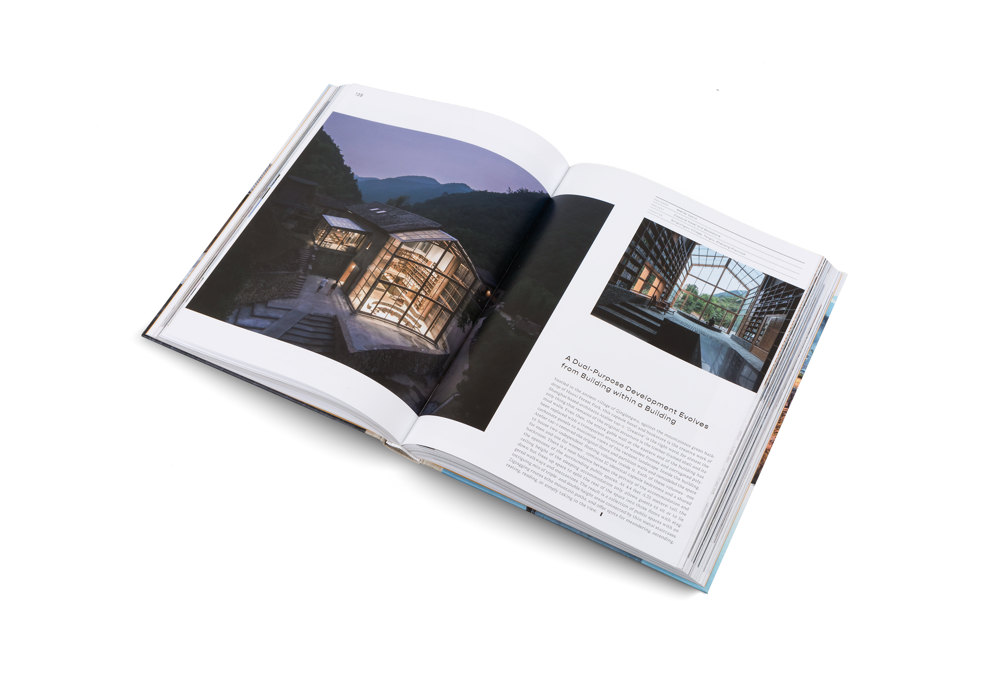 Nestled in the ancient village of Qinglongwu, against the mountainous green backdrop of Huaxi Forest Park, this capsule hotel and bookstore is the creative work of Shanghai-based architects Atelier tao+c. The project is presented in Beauty and the East, a book about new Chinese architecture by gestalten.