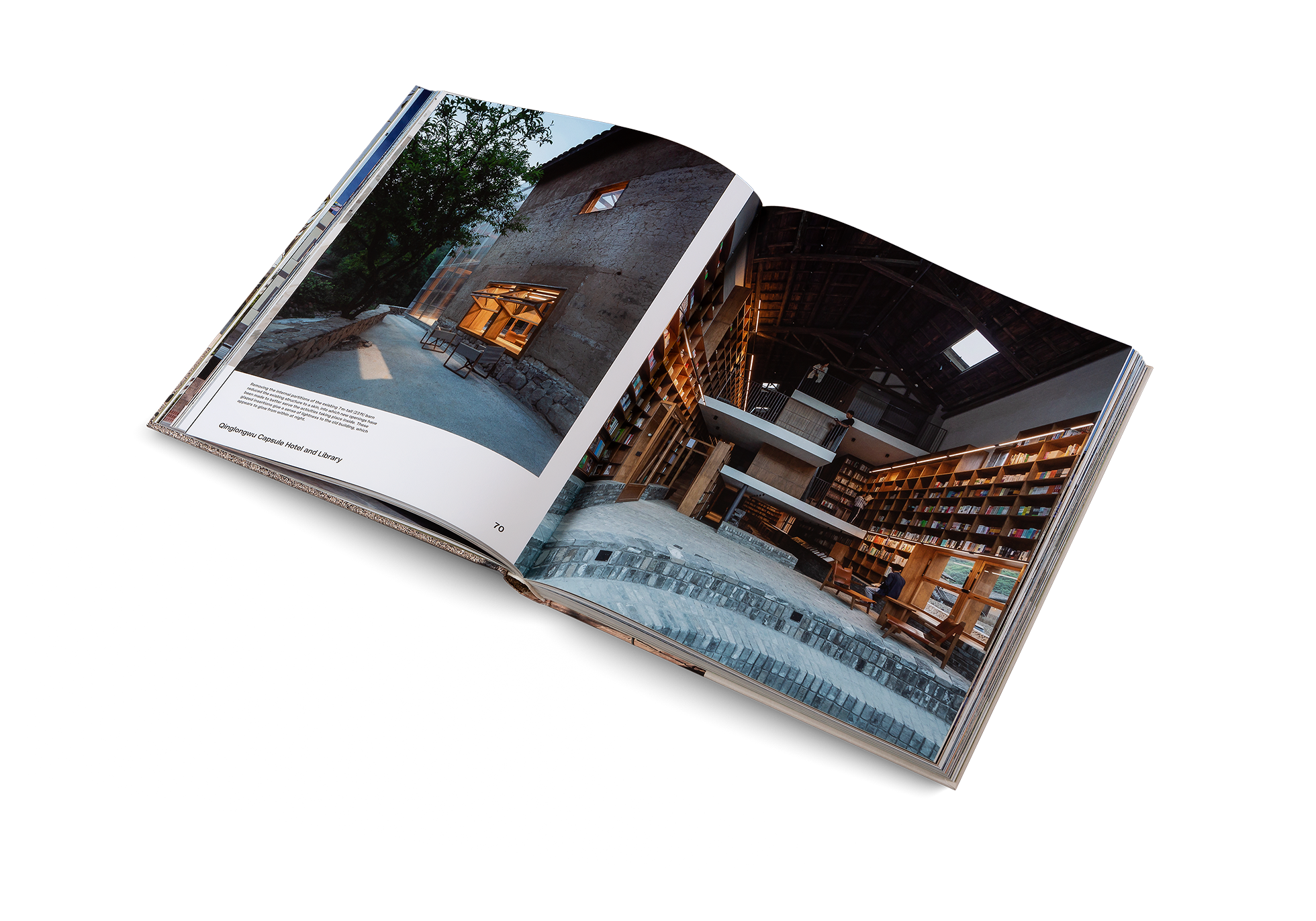 Removing the internal partitions of the existing 7 m-tall (23ft) barn reduced the existing structure to a skin, into which new openings have been made to better serve the activities taking place inside. These glazed insertions give a sense of lightness to the old building, which appears to glow from within at night. Discover more of Qinglongwu Capsule Hotel and Library, featured in Building for Change by Ruth Lang.