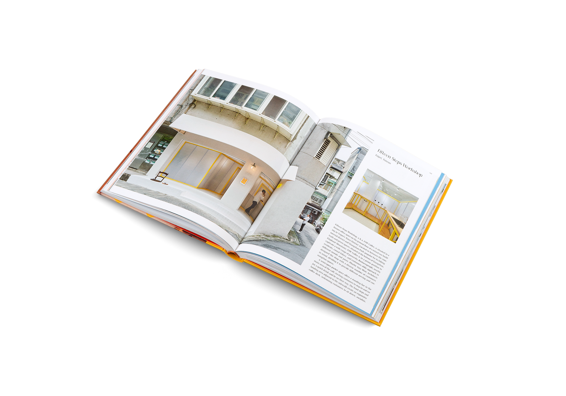 Fifteen Steps Workshop, a.k.a. FSW Coffee, is situated in a former office space on the ground floor of a mixed-use build- ing in Taipei’s Xinyi District. Located in between the com- mercial district and Xiangshan Park (popular for its hiking trails and green spaces, situated at the bottom of Xiangshan, Elephant Mountain), FSW Coffee is in a prime position to captivate a wide range of passersby. Businesspeople, nearby residents, casual hikers, and customers alike approach in different moods and paces.