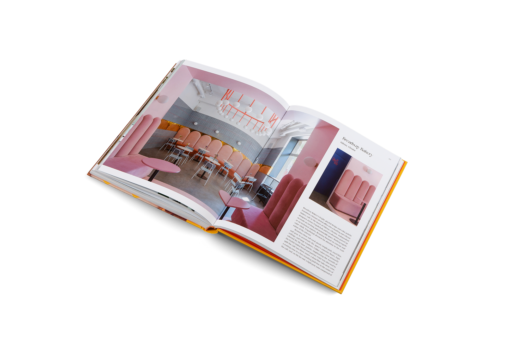 Lera Brumina chose soft coral, peach, bright pink, royal blue, and gray to accentuate the concrete floors of Breadway Bakery, a café featured in Designing Coffee by Lani Kingston.