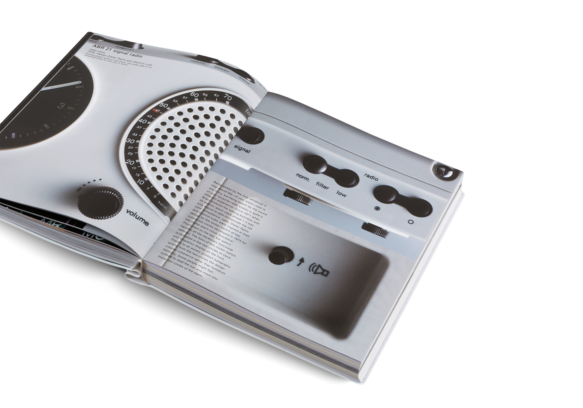 The ABR 21 radio clock designed by Dieter Rams and Dietrich Lubs is made of white and black plastic. See more about this signal radio in Less and More: The Design Ethos of Dieter Rams by gestalten.