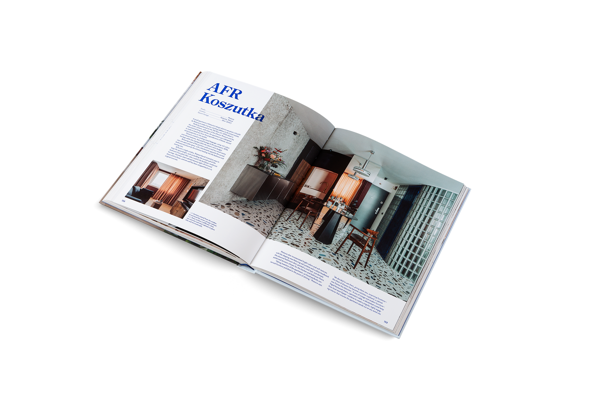 With just a single window, Mistovia found innovative ways to keep the space bright, such as building the curved wall of the bathroom from glass tiles—also a nod to the building’s modernist heritage. Stainless-steel cabinets bounce light off mirrored doors and surfaces, and one wall has been stripped back to its original concrete. AFR Koszutka is featured in Pretty Small by gestalten.