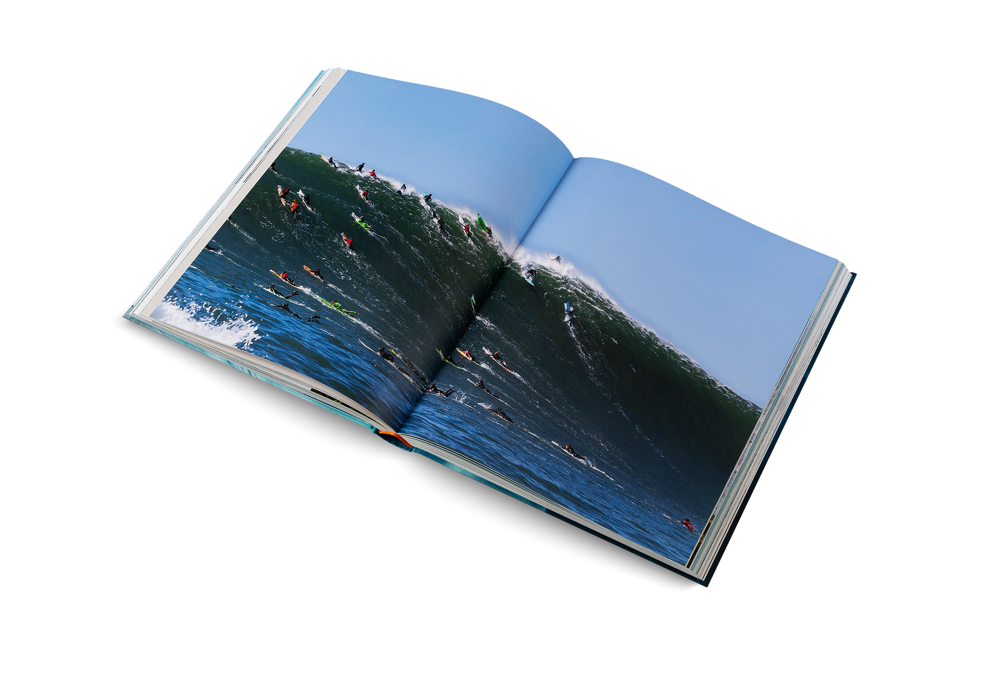 Surfers on a giant wave. Find out more about iconic surfing spots in The Surf Atlas by Luke Gartside.