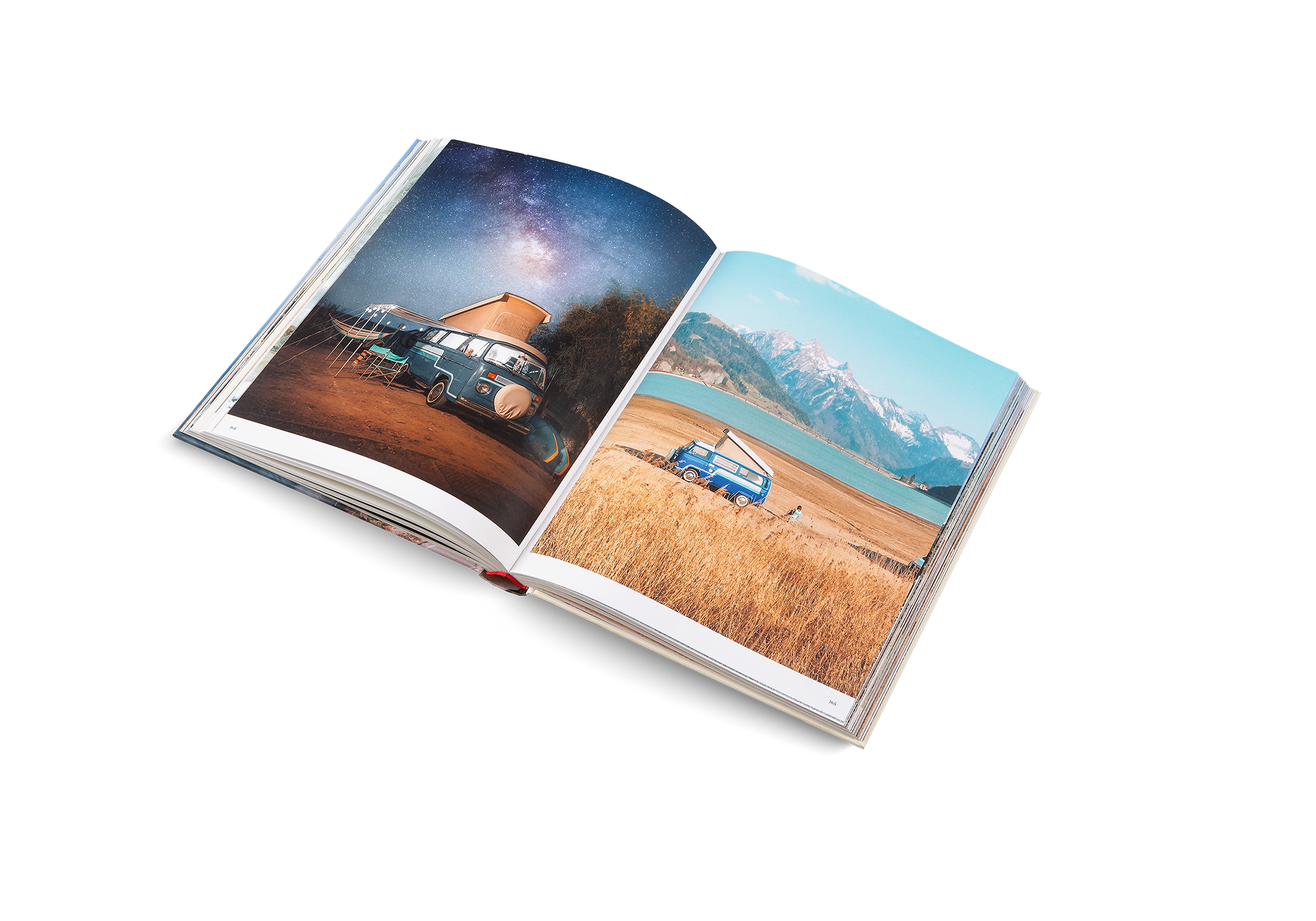 Two blue vans in the nature. Both are featured in The Getaways a book by gestalten.