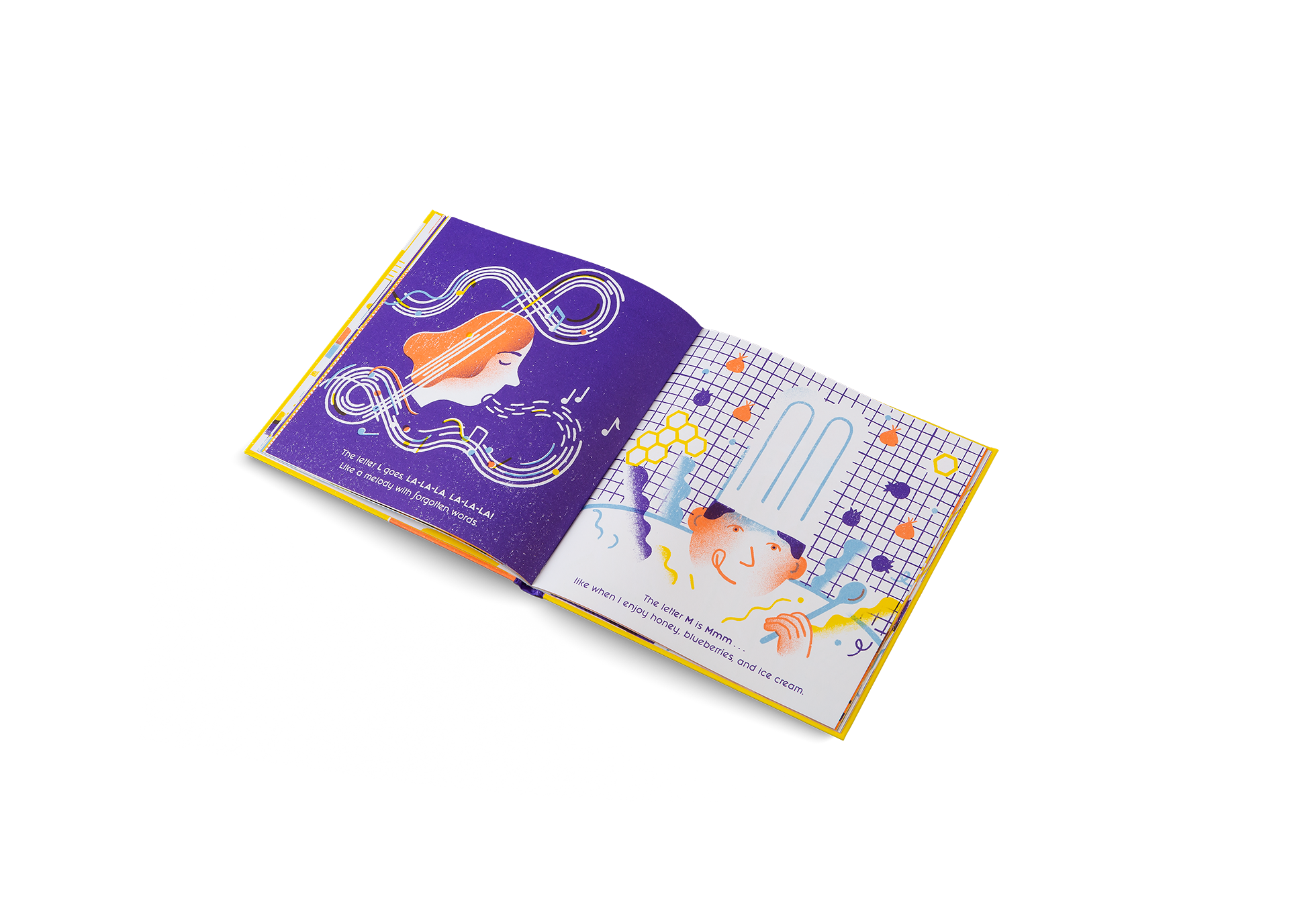 The letter M is Mmm . . . like when I enjoy honey, blueberries, and ice cream.