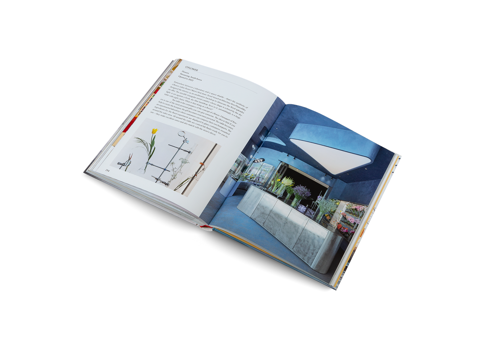 Somewhere between a laboratory and a space shuttle—that’s the aesthetic of O’flower, online florist Okkot’s first store. Seoul-based architecture firm Plainoddity designed the interior as an unobtrusive backdrop to showcase the floral splendor on offer. The sizeable triangular metal counter, whose shape is echoed by the skylight, is set against a fresh, sky-blue backdrop. This amazing flower shop is feature in the book Think Big - Shop Small by gestalten.