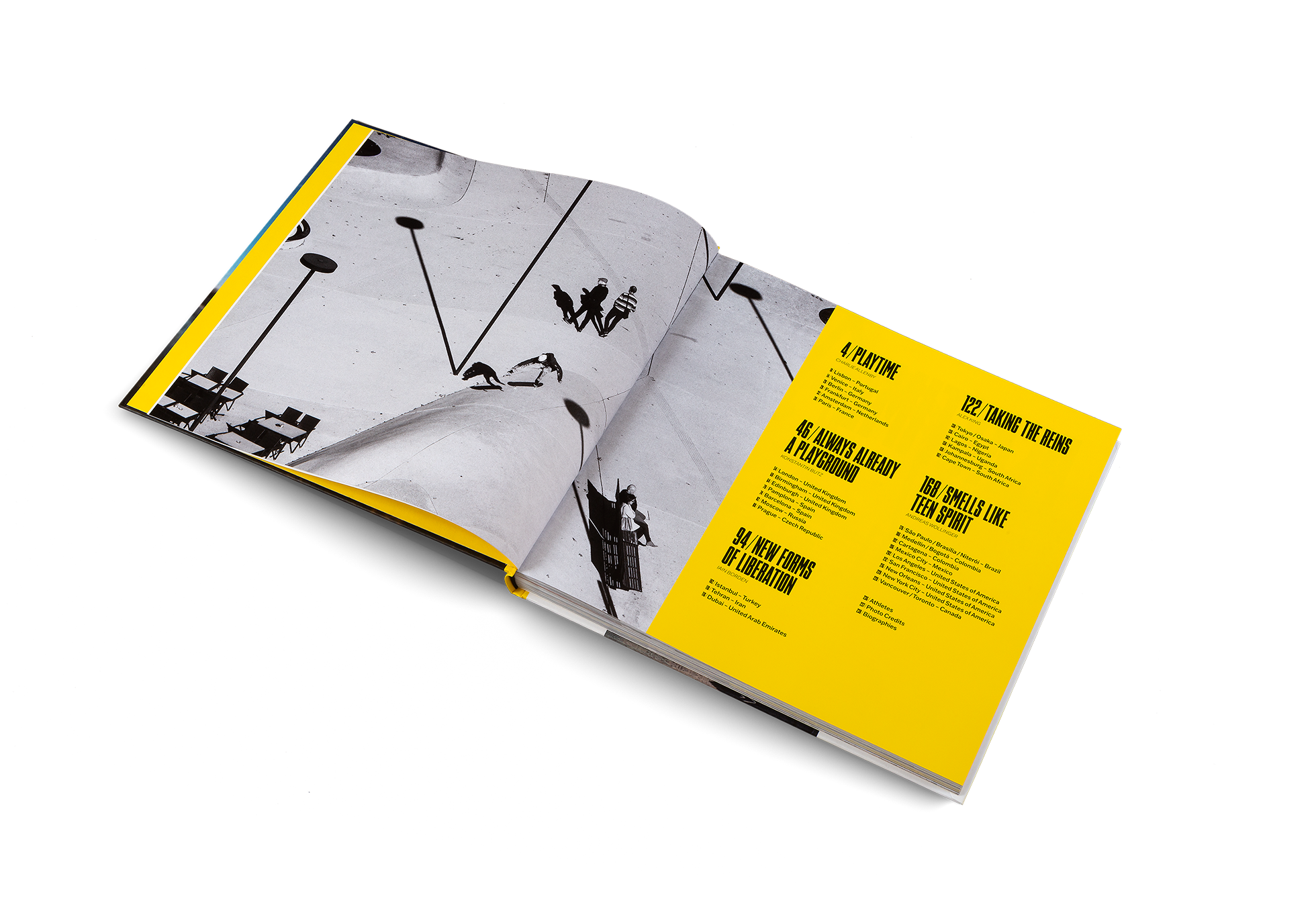 The table of content of Urban Playgrounds, a book about athletes claiming cities around the world.