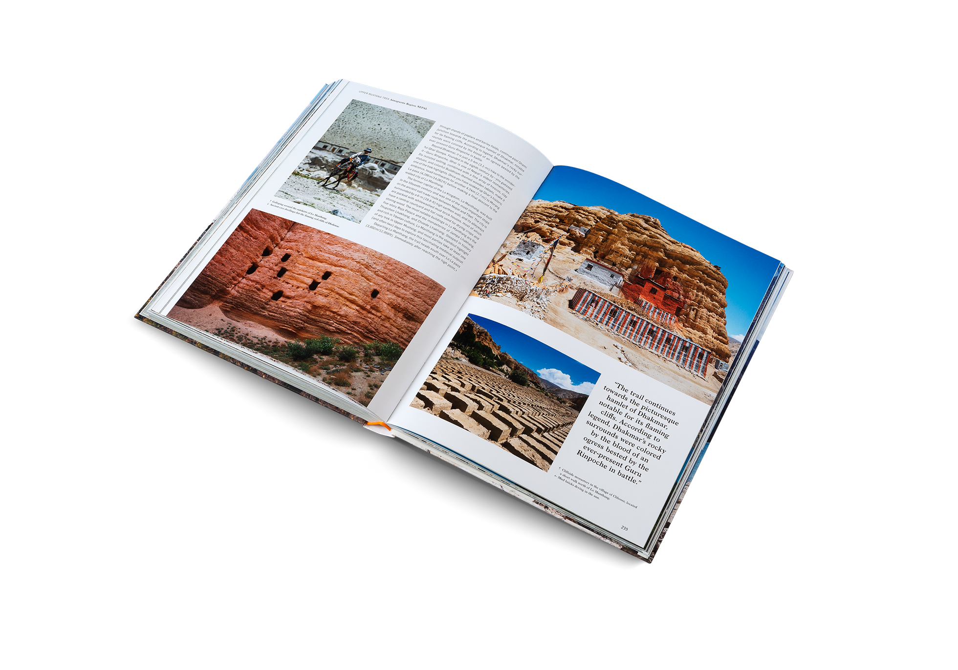 The Upper Mustang Trek trail continues towards the picturesque hamlet of Dhakmar, notable for its flaming cliffs. According to legend, Dhakmar’s rocky surrounds were colored by the blood of an ogress bested by the ever-present Guru Rinpoche in battle. Discover more about it in Wanderlust Himalaya.