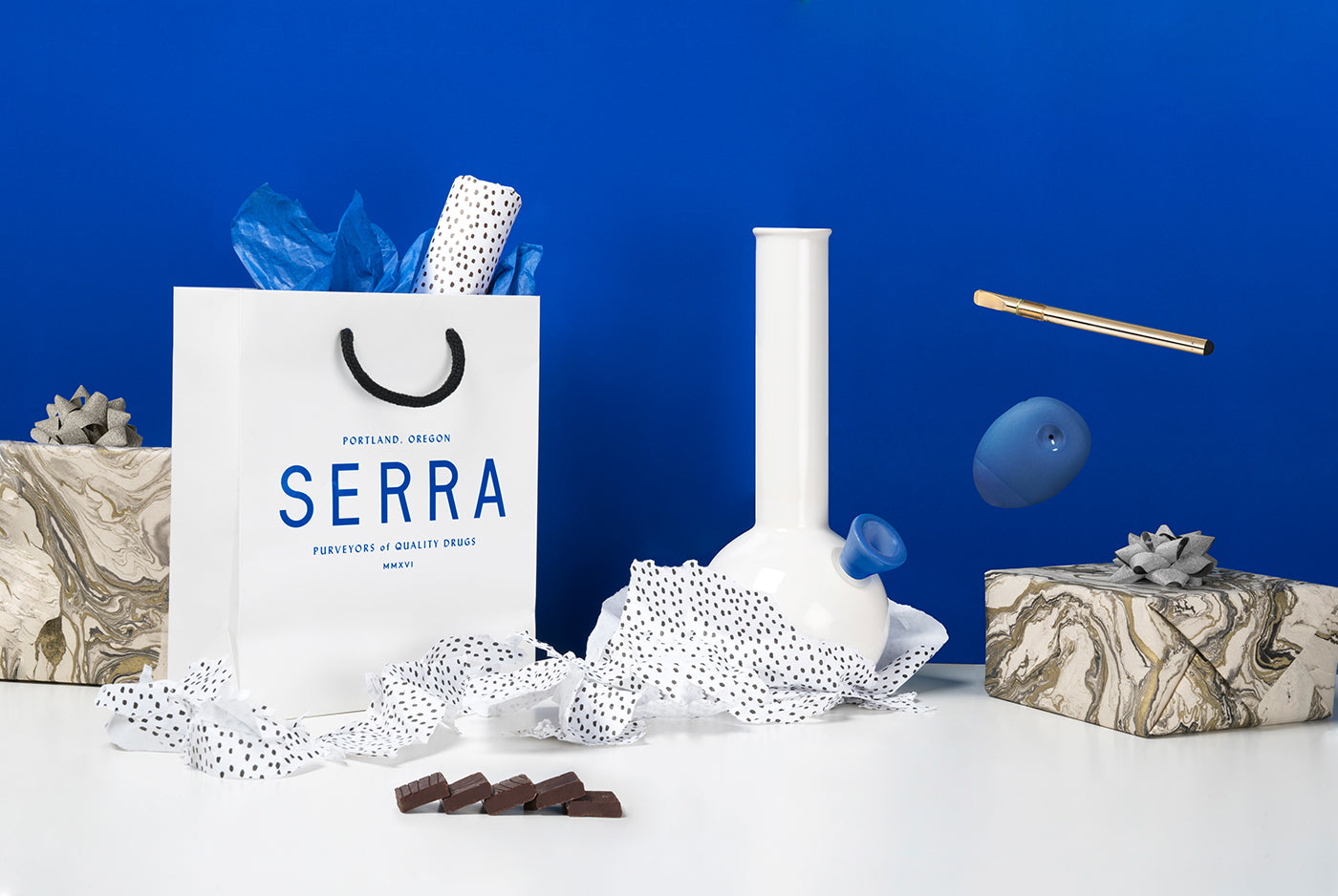 Products of Portland based cannabis dispensary Serra. The main color used is an Yves Klein inspired blue. (Photo: Half Court Studio for OMFGCO)