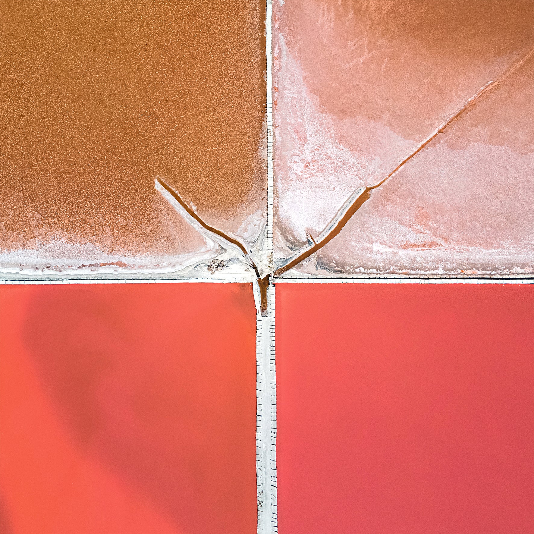Aerial view of a pink salt lake with geometric patterns.