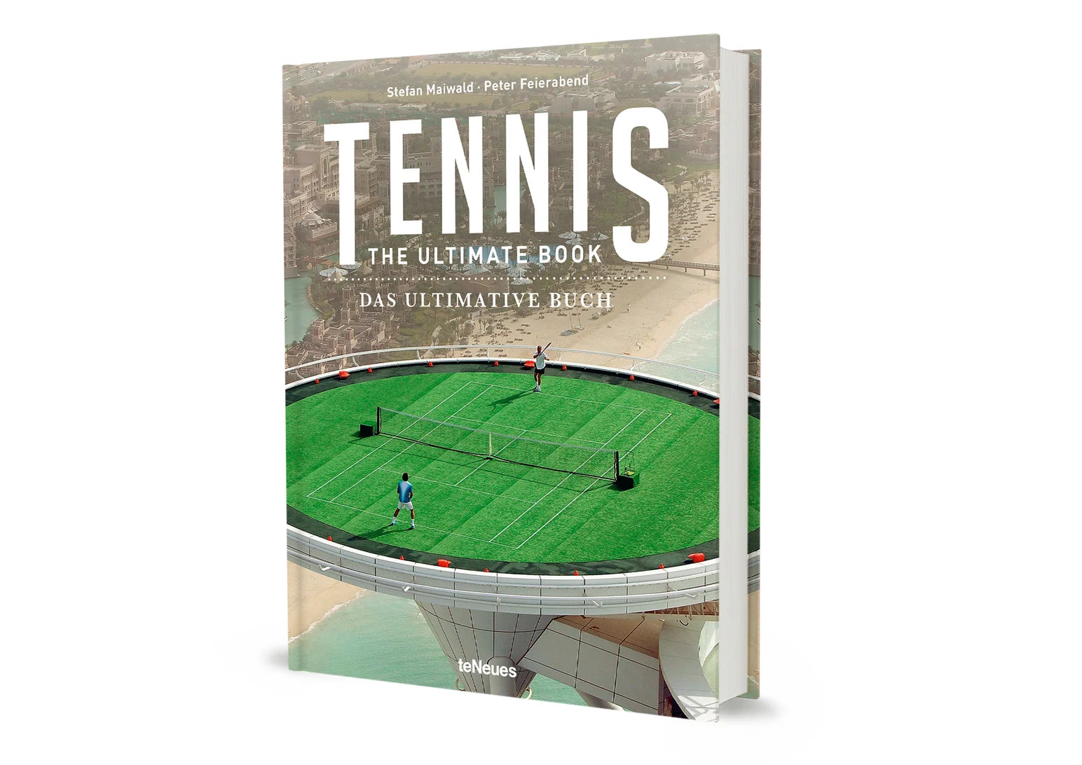 Cover of the book 'Tennis: The Ultimate Book' featuring a green tennis court with a player in action and stands in the background.