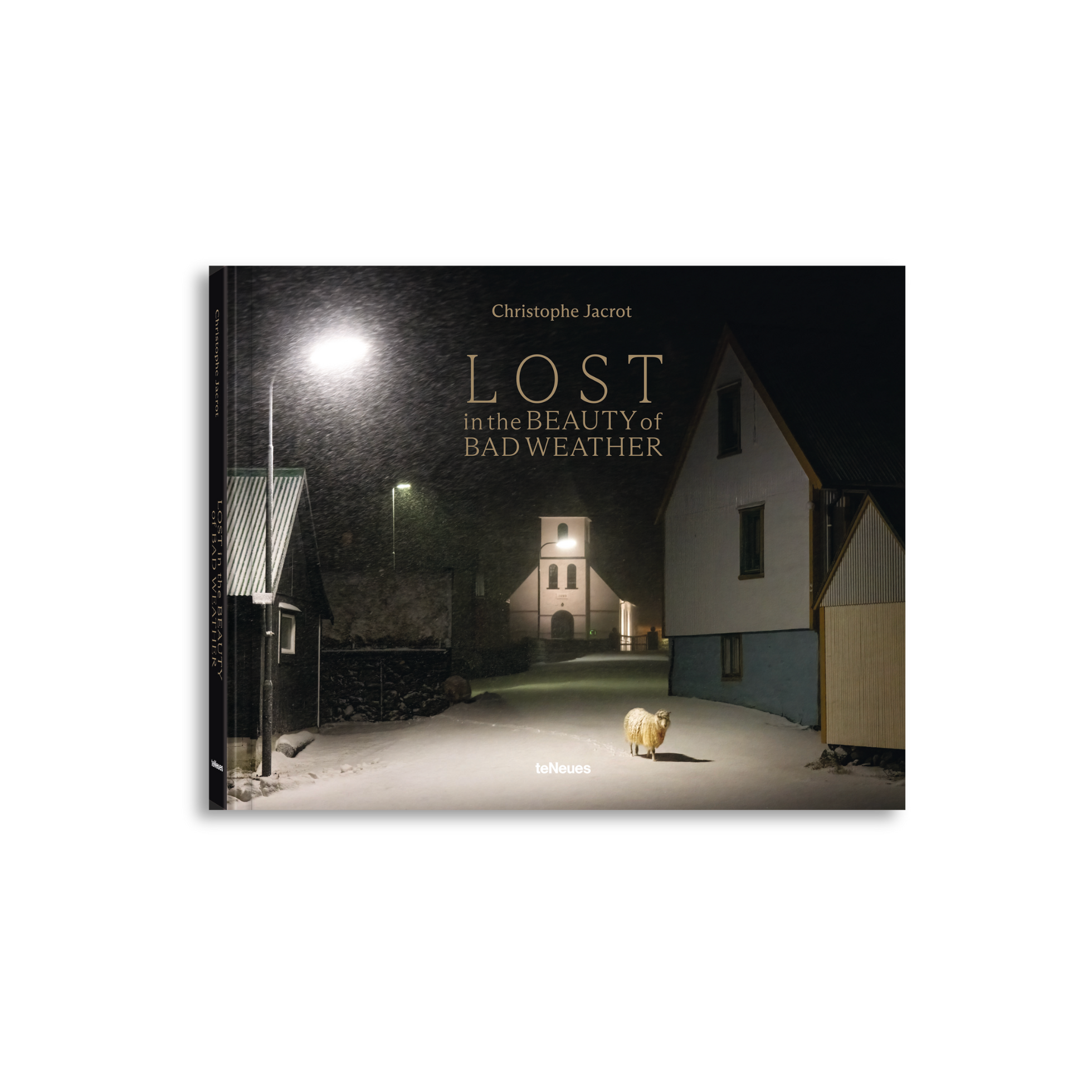 Book cover titled 'Lost in the Beauty of Bad Weather' with a nighttime scene of a house and sheep.