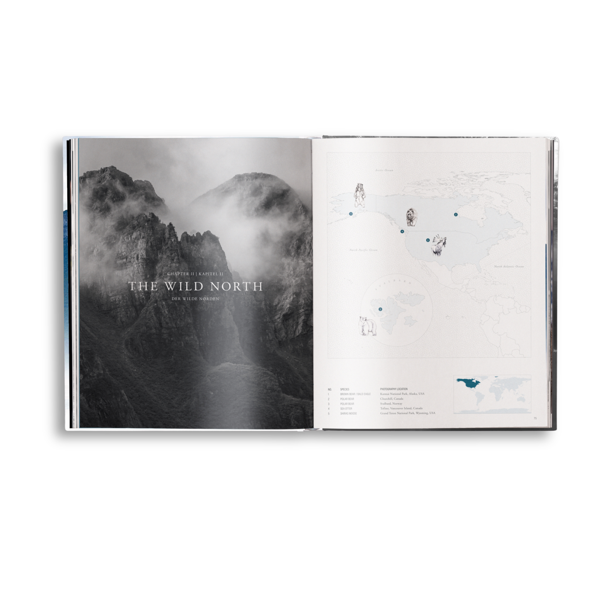 Open book showing a black and white photograph of mountains with text 'The Wild North'.