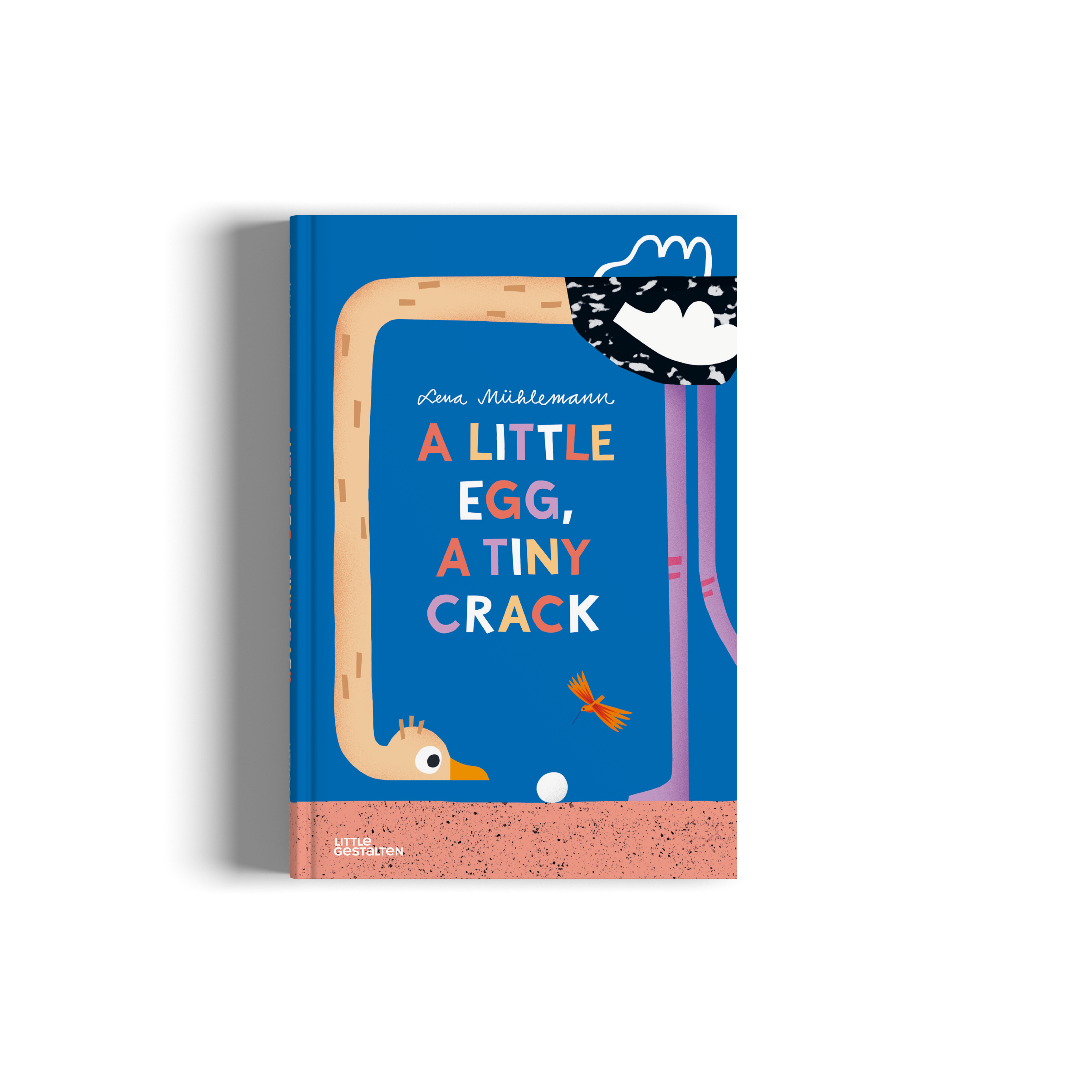 Children's book titled 'A Little Egg, A Tiny Crack' with colorful illustrations on a blue background.