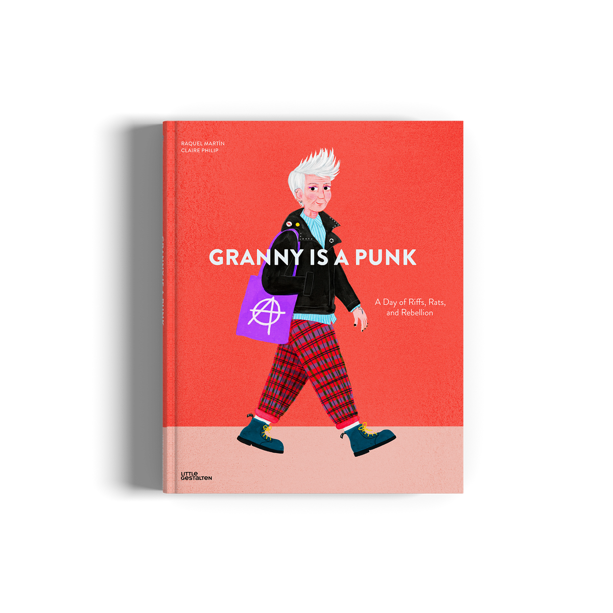 A hardcover book titled 'GRANNY IS A PUNK' featuring a vibrant red cover with an illustration of an older woman in plaid pants and a purple shopping bag.