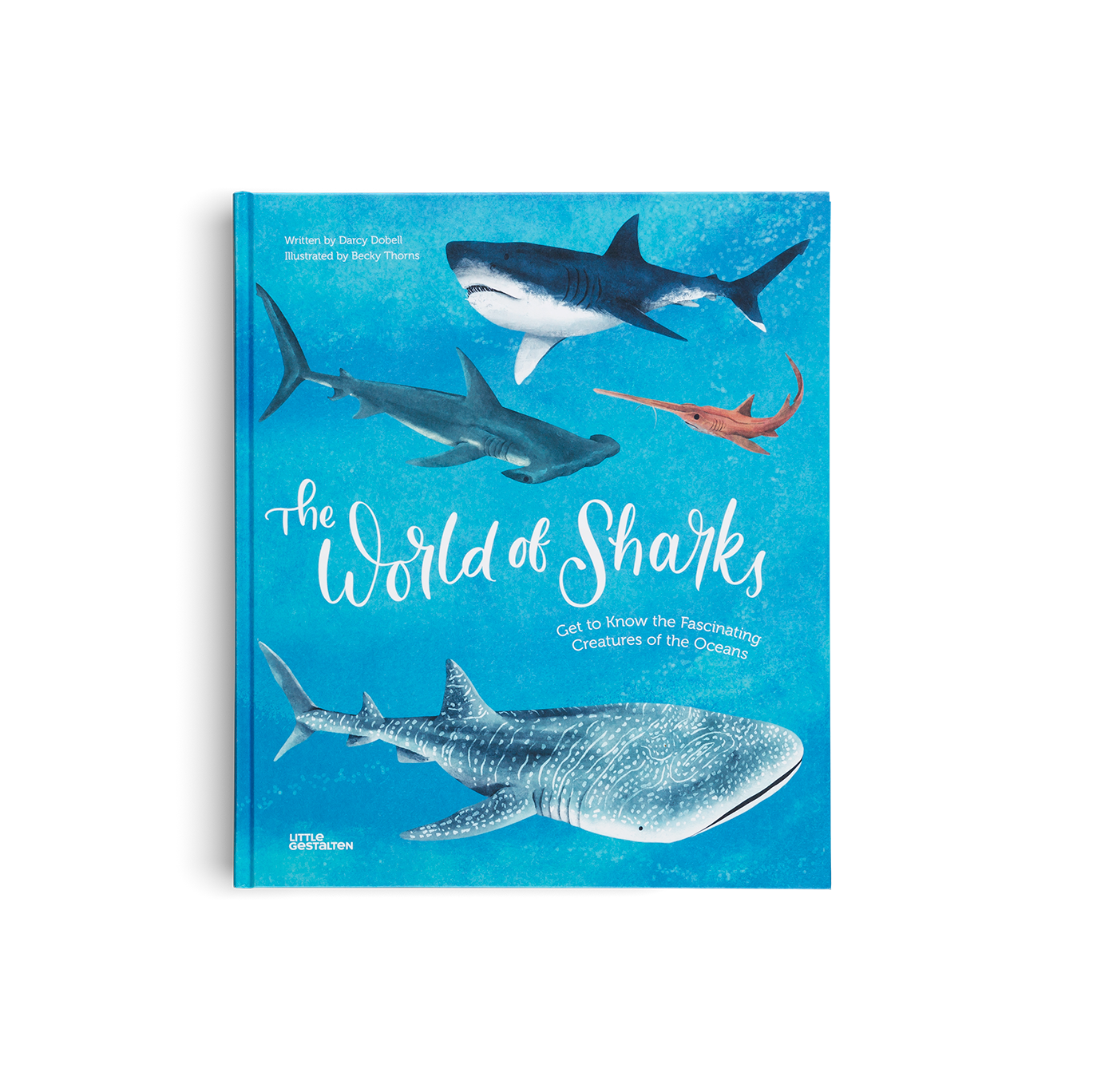 Cover of the book 'The World of Sharks' featuring illustrations of various sharks in different poses against a blue ocean background.