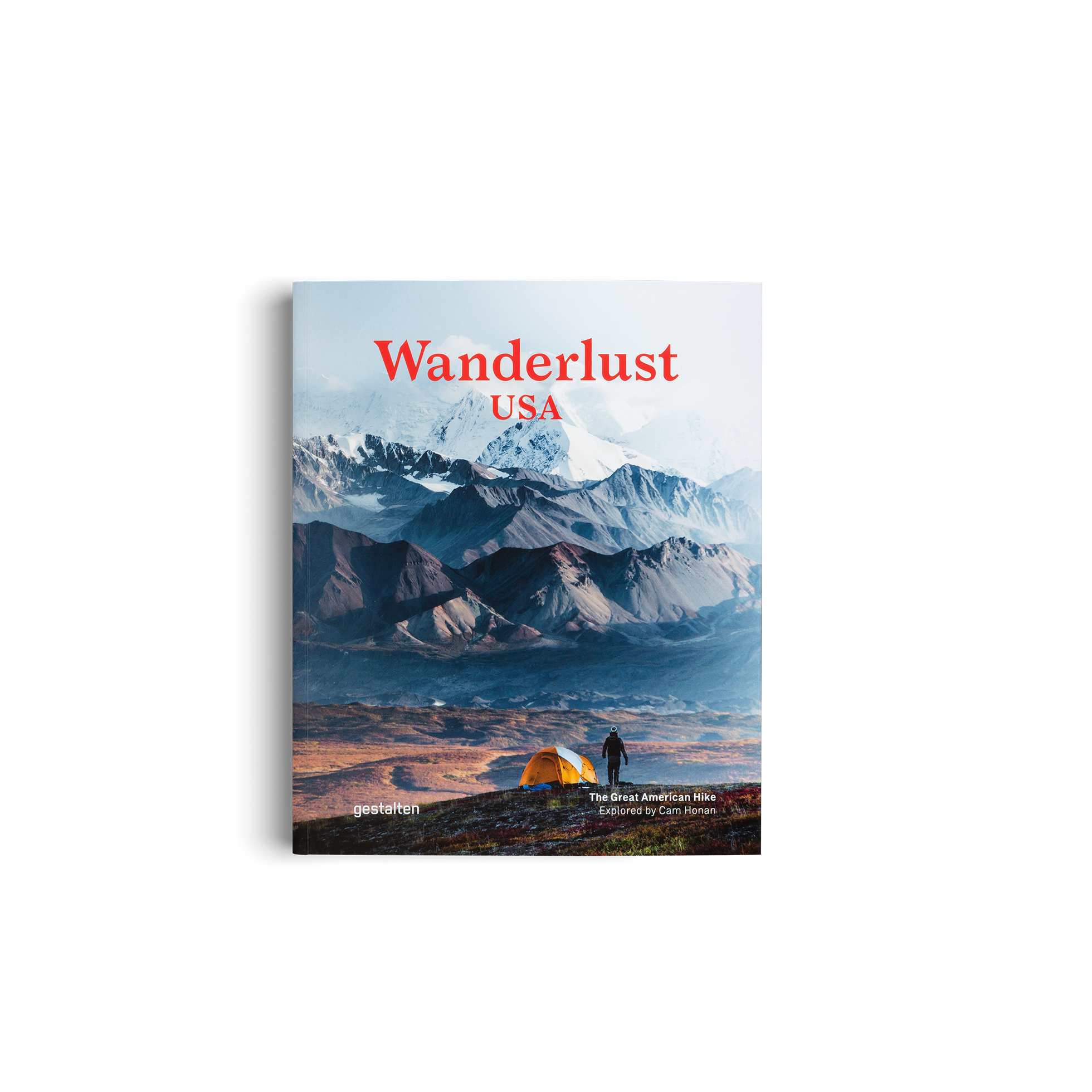 Book cover of 'Wanderlust USA' with a mountain landscape and person camping.