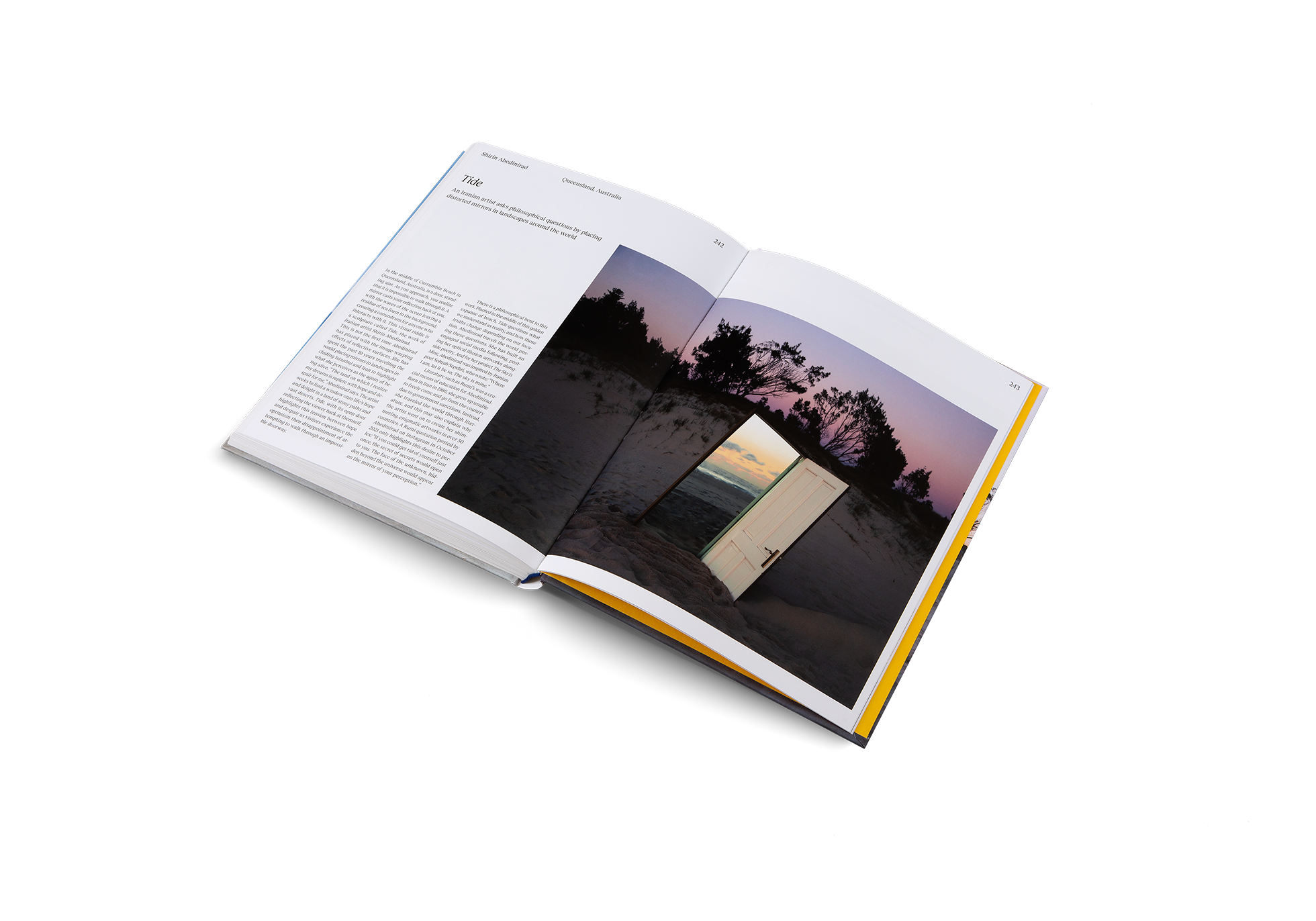 In the middle of Currumbin Beach in Queensland, Australia, is a door, standing ajar. As you approach it, you realize that it is impossible to walk through this door. A mirror casts your reflection back to you, with the waves of the ocean leaving a residue of sea foam in the background, creating a conundrum for anyone who interacts with it. This visual riddle is a sculpture called Tide, the work of Iranian artist Shirin Abedinirad.