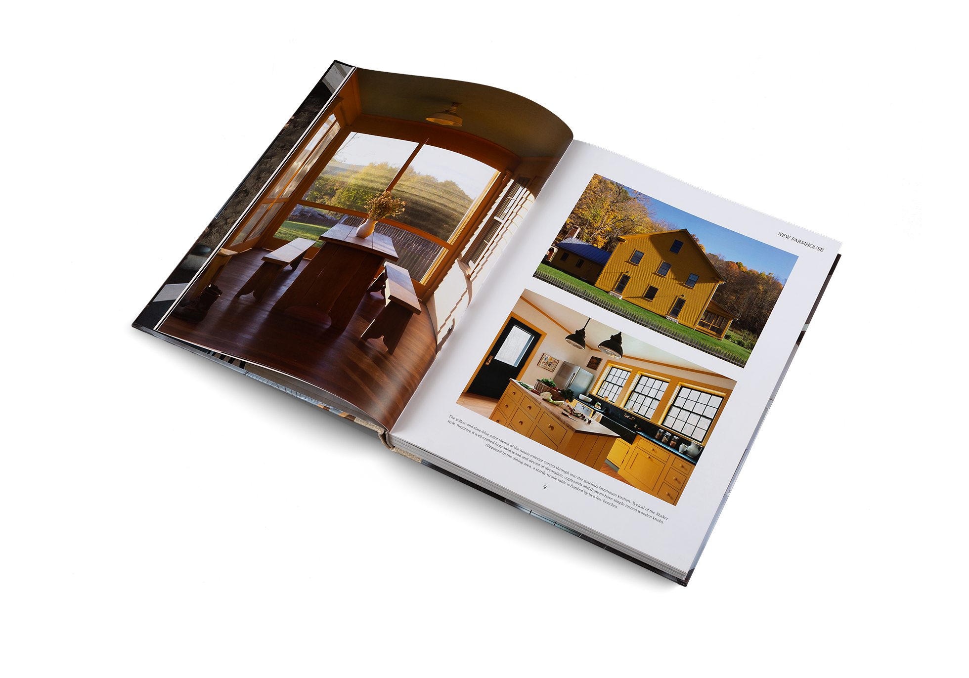 The yellow and slate-blue color theme of the house exterior carries through into the spacious farmhouse kitchen. Typical of the Shaker style, furniture is well-crafted from solid wood and devoid of decoration; cupboards and drawers have simple turned wooden knobs. In the dining area, a sturdy trestle table is flanked by two low benches. Find out more about this New Farmhouse project in Country and Cozy by gestalten.