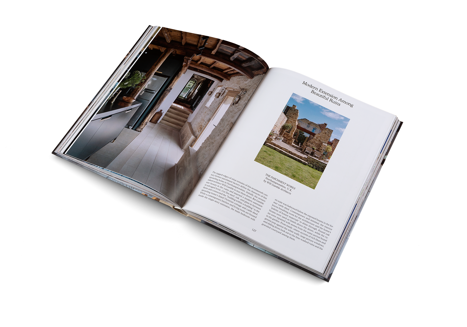 The jagged edges of what remains of this seventeenth-century former parchment factory define the character of this sprawling home in Northamptonshire. The parchment Works is a modern extension among beautiful ruins. Find out more in Country and Cozy by gestalten