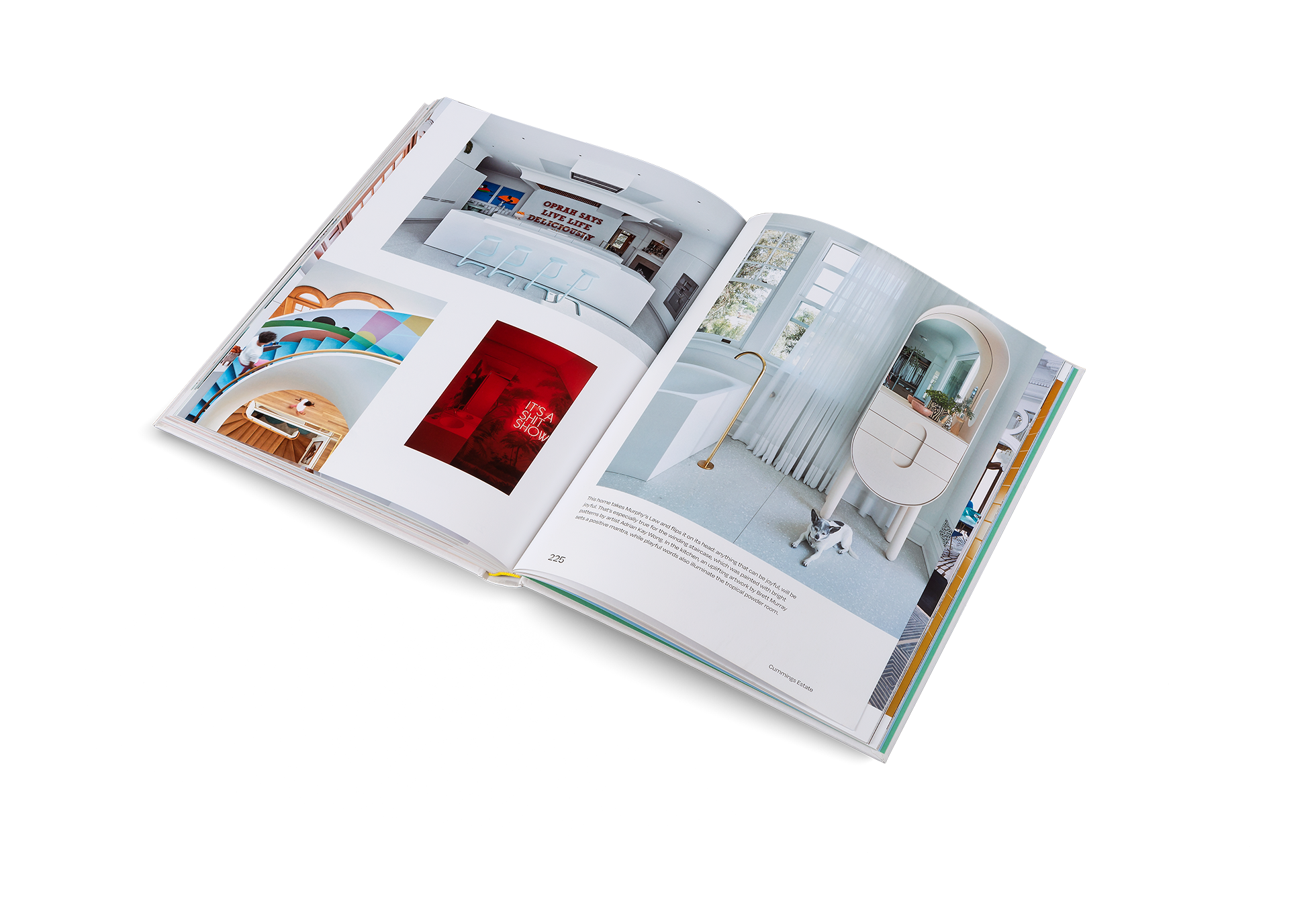 This home takes Murphy’s Law and flips it on its head: anything that can be joyful, will be joyful. That’s especially true for the winding staircase, which was painted with bright patterns by artist Adrian Kay Wong. In the kitchen, an uplifting artwork by Brett Murray sets a positive mantra, while playful words also illuminate the tropical powder room.