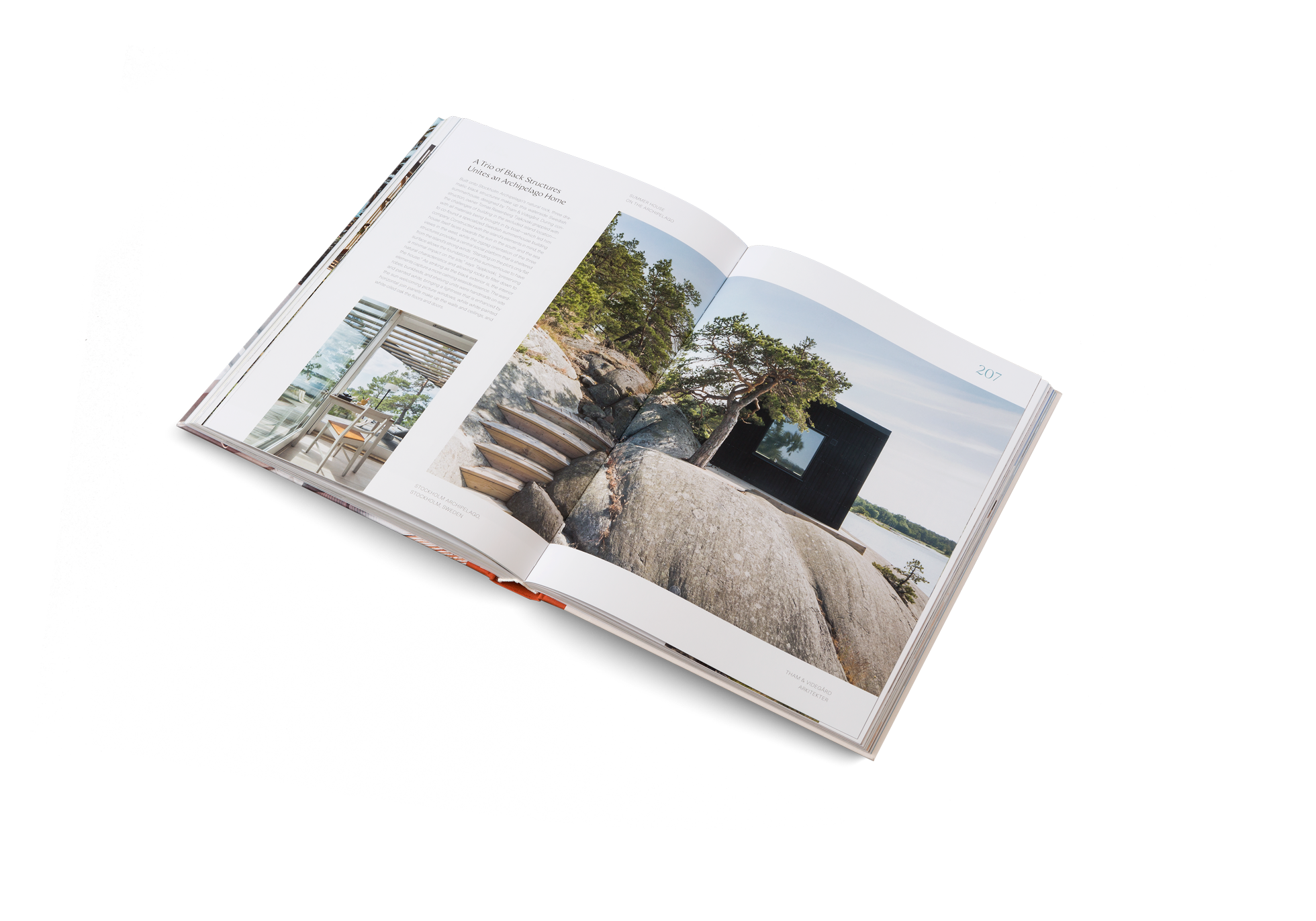 Built onto Stockholm Archipelago’s natural rock, three dramatic black structures make up this waterside Swedish summerhouse, designed by Tham & Videgård. During construction, owner Tomas Riesenberg Tjajkovski grappled with the challenges of building in the secluded island location— with all materials being brought in by boat—which led him to co-found a specialized Swedish summerhouse building company.