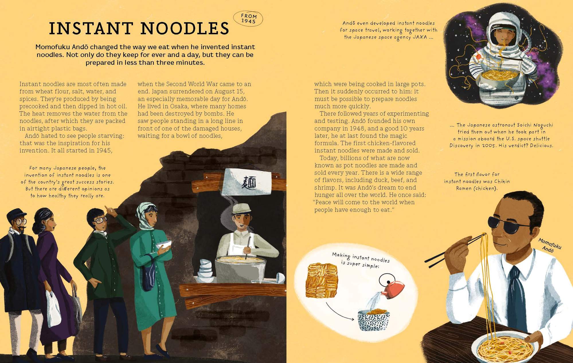Momofuku Andō invented instant noodles. Find out more in Who Invented This? by Little Gestalten