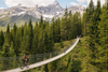 Deux cyclistes sur un pont dans les montagnes en bikepacking.