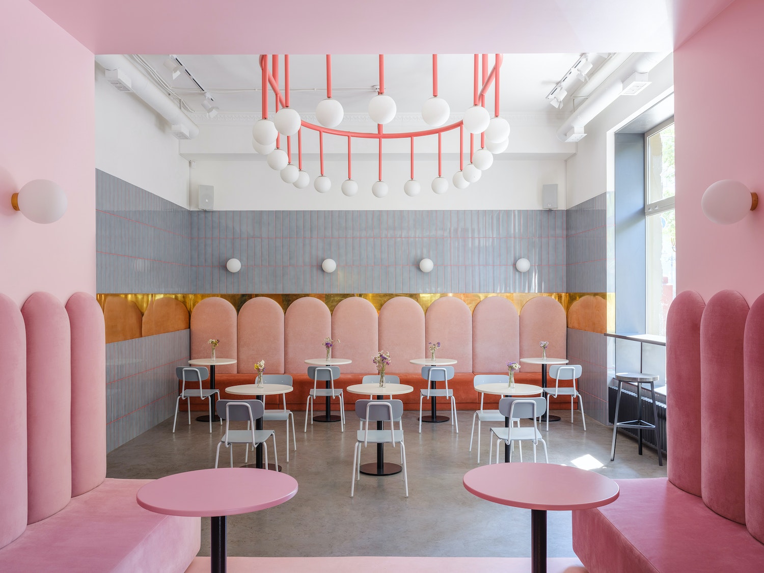 Breadway Bakery’s bright, playful design and color palette transform a former dental office into a bustling and vibrant bakery café in the heart of Odessa, Ukraine. Independent designers Artem Trigubchak and Lera Brumina paired up to create an inviting and memorable space. Working together on technical aspects, Brumina focused on concept and color while Trigubchak devoted his attention to the realization of the interior. Find more about this café in Designing Coffe, a book by Lani Kingston.